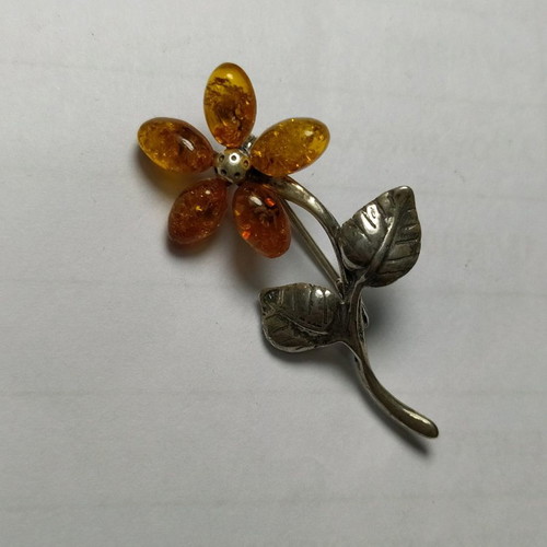 Flower brooch silver 925 with real amber new