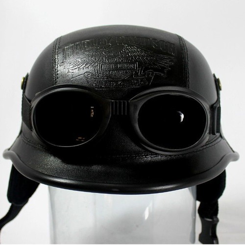 Luis handmade vintage motorcycle helmet with goggles, black matte, size L