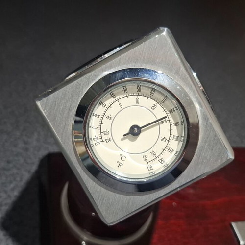 Vintage office set with rotating cube clock, thermometer & hygrometer on wooden base like new
