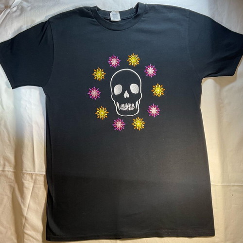 Cotton blouse with embroidered skull and flower design, new