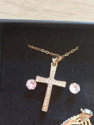 Fashion jewelry set with cross necklace, earrings and ring like new