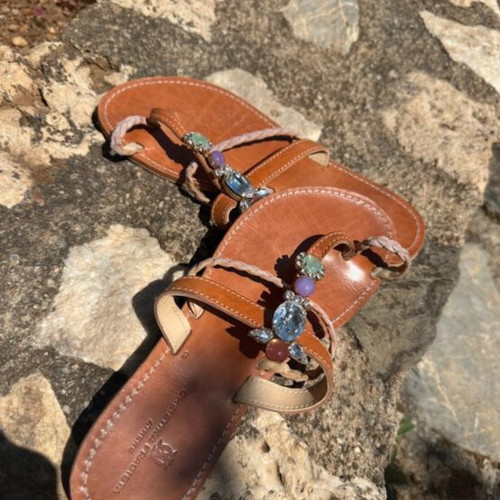 Christina Fragista handmade sandals with Swarovski crystals like new, brown
