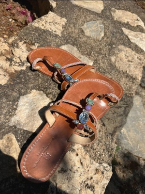 Christina Fragista handmade sandals with Swarovski crystals like new, brown