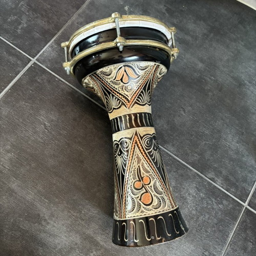 Dumbek drum with handmade black, silver and copper decoration