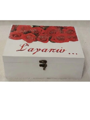 Wooden storage box "S' agapo" new, handmade with decoupage