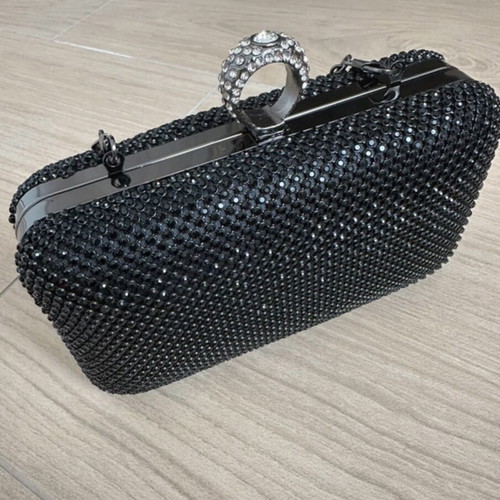 Evening bag black shiny with silver chain, like new