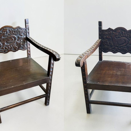 Skyrian armchairs set of 2 used, handmade carved wood antiques
