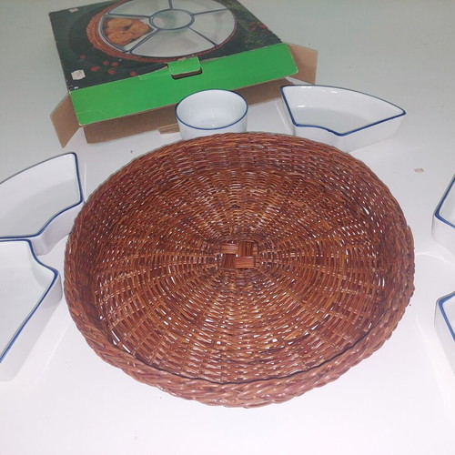 Retro vintage serving set with ceramic snack plates and wicker base