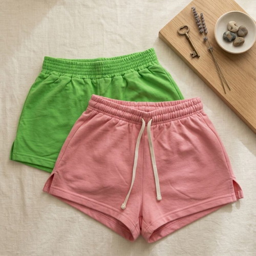 Cotton shorts set like new, pink and green, elastic waist