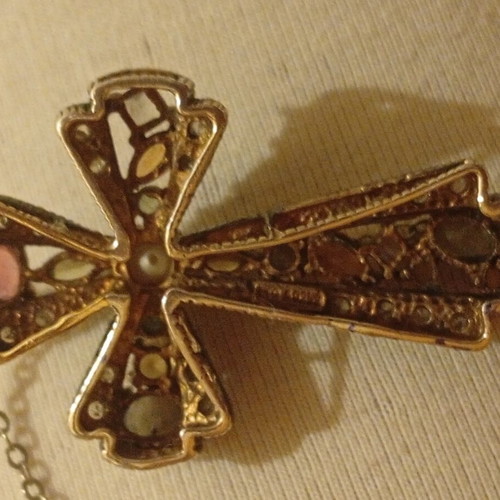 Gold cross 9 carat with pearl and precious stones