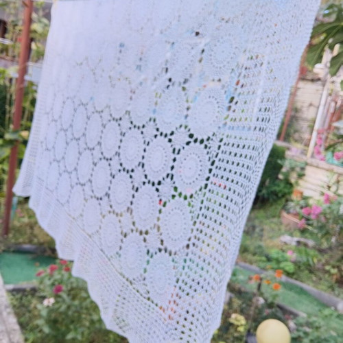Handmade crochet tablecloth 180x130 cm, white cotton