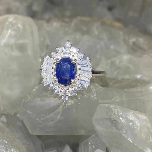 Handmade silver ring with natural blue sapphire and moissanites, new