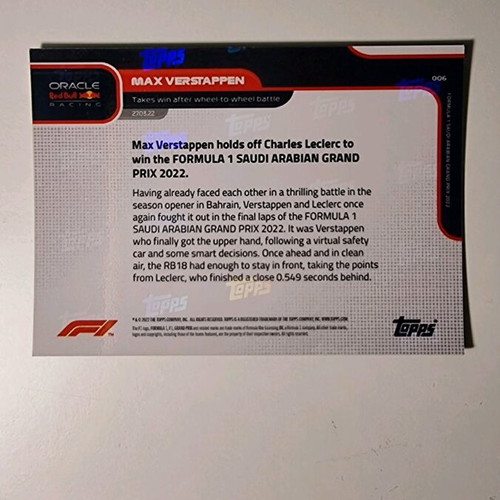Topps Now F1 Formula 1 2022 Max Verstappen Red Bull Racing like new