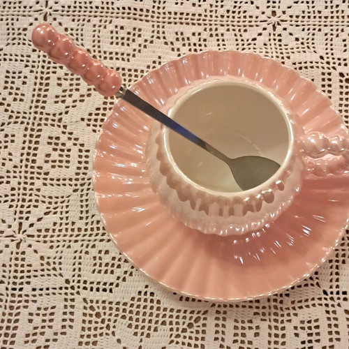 Coffee cup set new with saucer and spoon apricot pearlescent