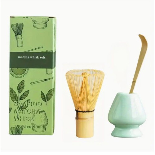 Matcha set with bamboo whisk, ceramic bowl, stand and spoon new