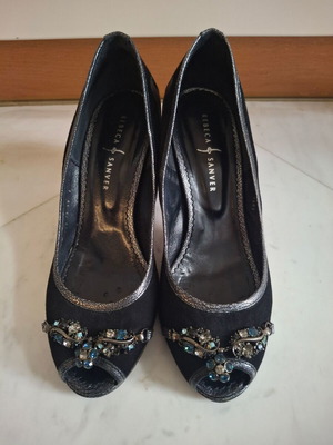 Γόβες Rebeca Sanver peep toe μέγεθος 39 μεταχειρισμένες, μαύρο δέρμα