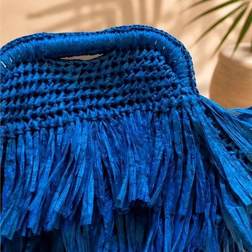 Handmade raffia bag with fringes, blue