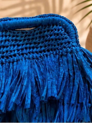 Handmade raffia bag with fringes, blue