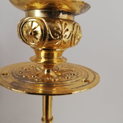 Pair of French dore empire candlesticks used, height 23 cm