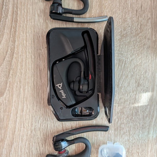 Plantronics Bluetooth headsets used, 2x 5200 and 1x Edge with charger case