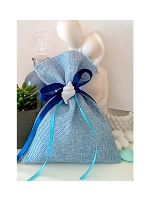 Handmade bombonieres in blue pouch with ceramic shell made to order