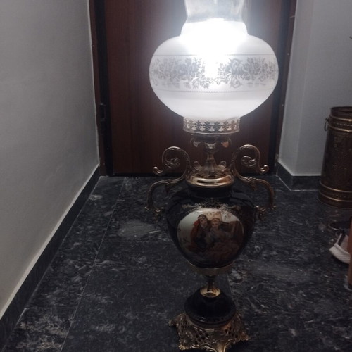 Vintage porcelain and bronze table lamp cobalt blue used