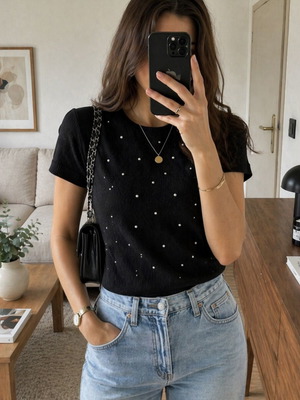 Zara blouse with pearls like new, size M, black
