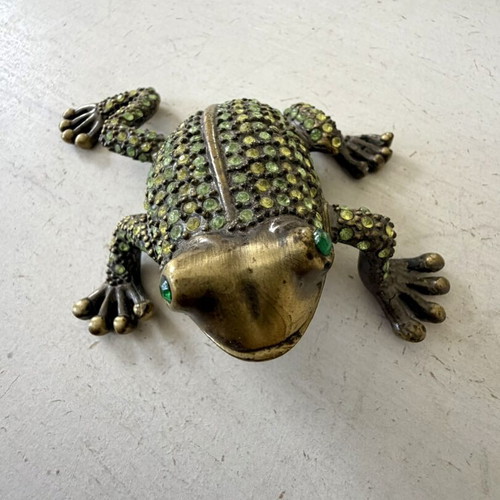 Mini vintage decorative frog jewelry box like new, metal with crystals