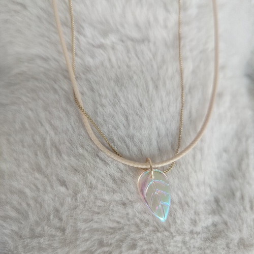 Glass Leaf Necklace with Double Chain in Beige and Gold, made to order