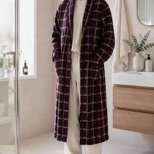 Men's 3XL Cotton Bathrobe, burgundy plaid