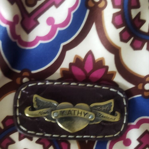 Kathy Van Zeeland vintage handbag, multicolor fabric with metal details