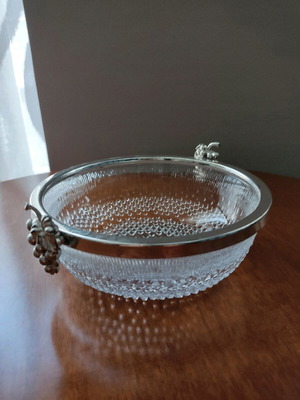 Vintage glass bowl with metal rim and grape handles in like new condition