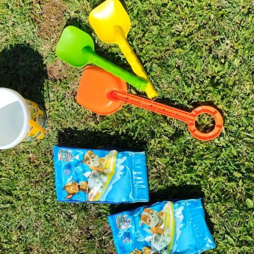 Paw Patrol kids arm floaties, Cars plastic bucket, 3 plastic shovels beach set