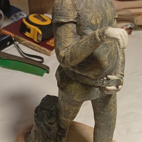 Harlequin statue, Art Deco style, patinated metal and wood base