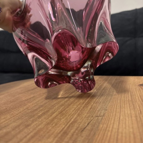 Josef Hospodka for Chřibská Pink Art Glass Basket Vase 1960s like new