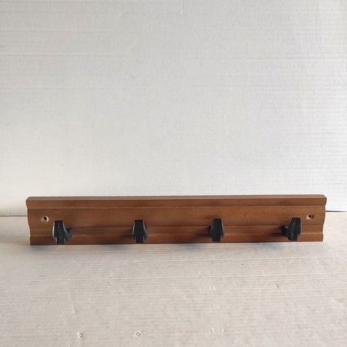 Wooden wall hanger with 4 black plastic hooks, new