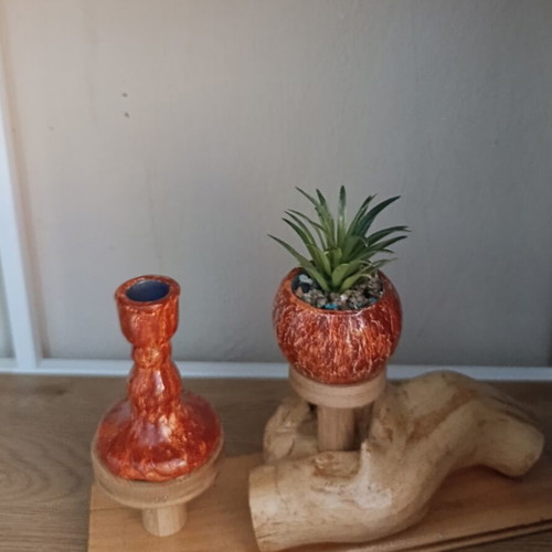 Eco Wood Candle Holder with Mini Succulent Pot new