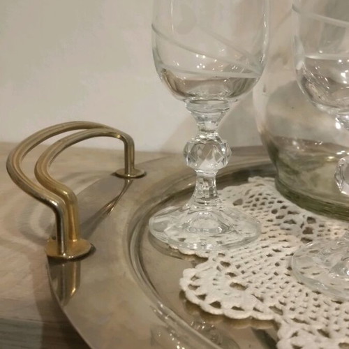 Liqueur set like new, 5 glasses, bottle, silver-plated tray