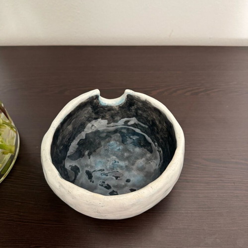 Handmade ceramic noodle bowl in dark blue and cream, new