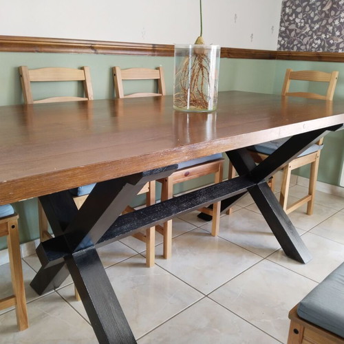Monastic-style handmade dining table with 6 IKEA chairs and cushions