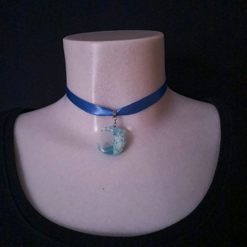 Choker ribbon blue moon handmade, satin with stainless steel clasp