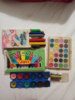 Painting colors used, sets of watercolors and crayons