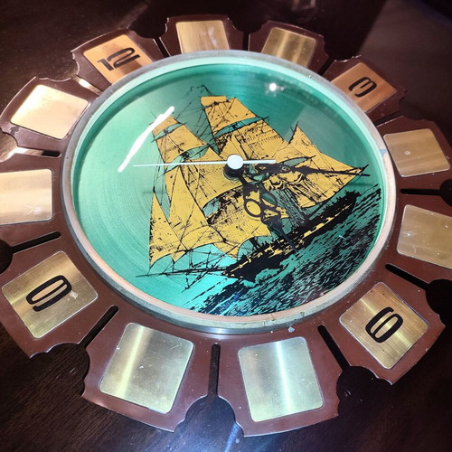 Collectible wall clock used 1960 sailing metal 30cm