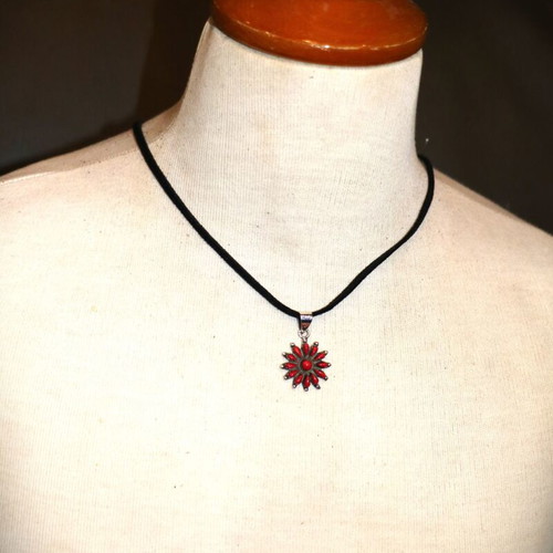 Pendant necklace with raw red coral and 925 sterling silver Navajo Indian