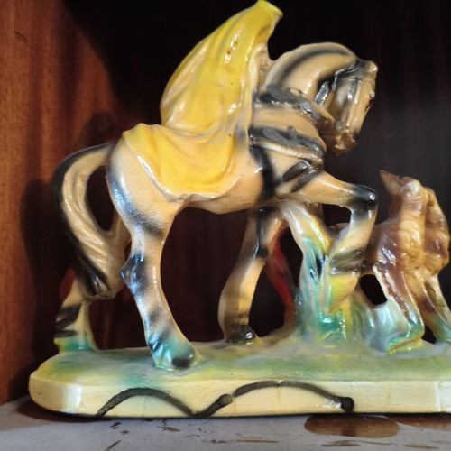 Vintage figurine romantic couple on horse mid-century ceramic