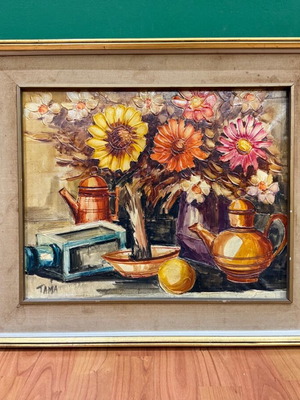 Маслена картина употребявана от художника Тама с ваза и цветя