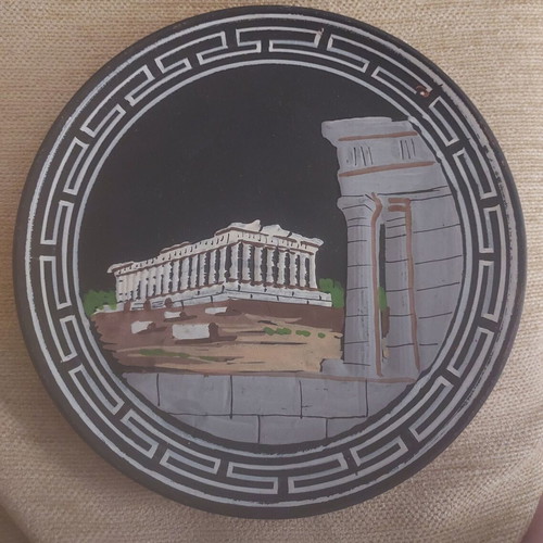 Ceramic plates with Acropolis Parthenon theme set like new, handmade