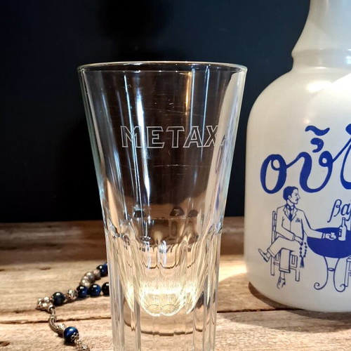 Σετ κεραμική καράφα Ούζο Μεταξά και ποτήρι highball vintage 1980, σαν καινούργιο