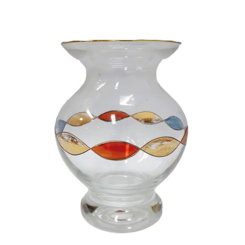Small vintage glass vase handpainted with colorful braid French provincial style 14.5 cm