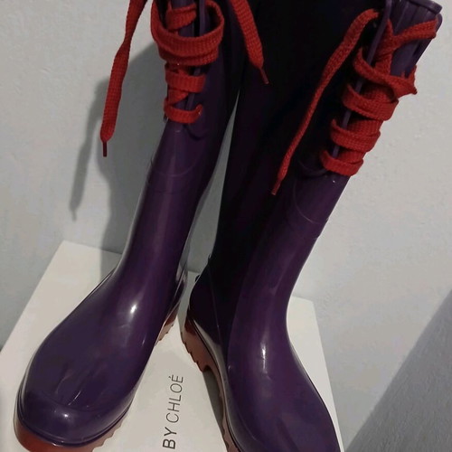 See by Chloe' rain boots new purple with red laces